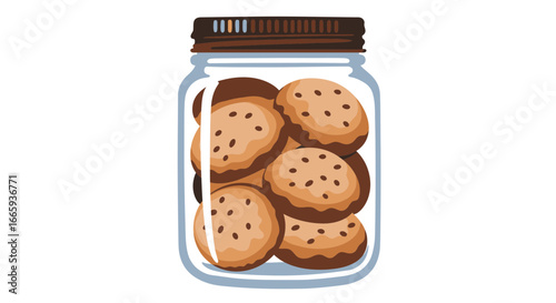 A jar filled with delicious chocolate chip cookies, creating a tempting and comforting treat illustration with a rustic charm