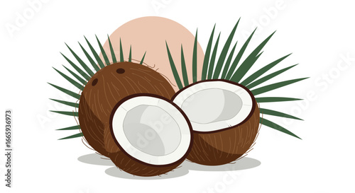 Coconut halves with palm leaves in a tropical arrangement, showcasing a refreshing and natural summertime scene