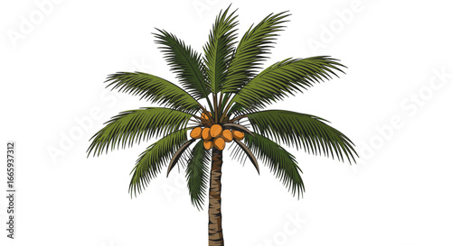 Illustration of a tropical coconut palm tree with ripe coconuts, showcasing its lush green leaves and textured trunk against a white background