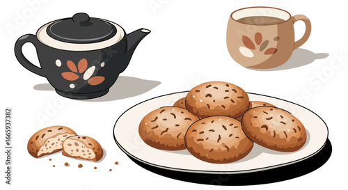 Illustration of teapot, cup of tea, and a plate of cookies for a cozy tea time snack