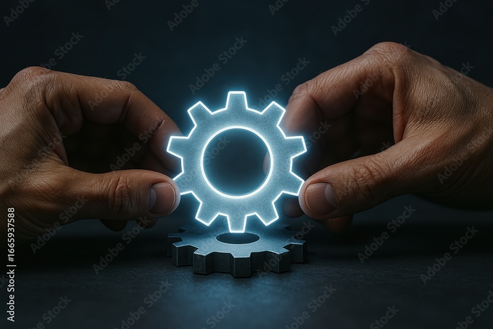 Gear in Action: Two hands interlock a glowing gear with another, symbolizing collaboration, innovation, and the mechanics of industry. The image captures a sleek and modern aesthetic. Gear in Action: Two hands interlock a glowing gear with another, symbolizing collaboration, innovation, and the mechanics of industry. The image captures a sleek and modern aesthetic.