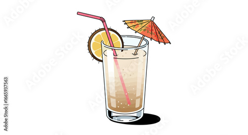 Refreshing tropical piña colada cocktail illustration with straw, coconut slice, and decorative umbrella for summer vibes
