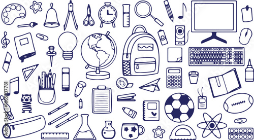 Education and Science Outline Doodles – School, Study, Learning, Student, Book, Globe, Knowledge, Tools, Equipment, Academic, Teaching, Subject, Research, Experiment, Lab, Icon, Hand Sketch, Classroom