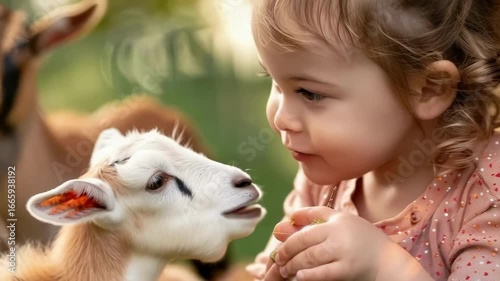 a child strokes a small goat