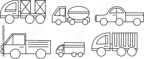 Truck and Vehicle Outline Icons – Transport, Delivery, Shipping, Logistics, Lorry, Cargo, Construction, Cement Mixer, Highway, Road, Automobile, Freight, Industry, Service, Car, Commercial, Machine, T