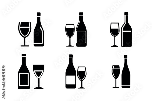 Wine Bottle and Glass Icon Set, Vector Illustration