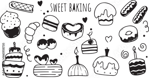 Baking Sweet Doodle – Cake, Cupcake, Dessert, Cherry, Donut, Cookie, Pastry, Sweet Treats, Hand Drawn, Baking Elements, Vector Illustration, Cute Food, Celebration, Candy, Delicious, Sketch Dessert, D
