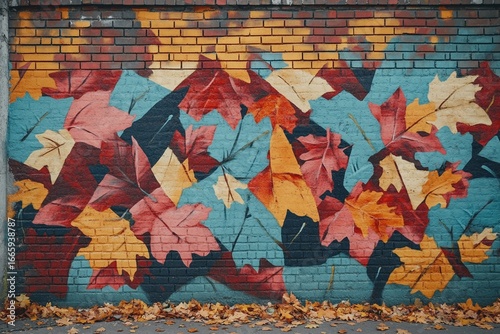 A graffiti of autumn leaves on a wall