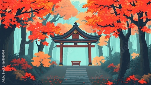 A pixelated Japanese forest shrine with thick autumn foliage, bold color blocks of orange, brown, and red, isolated spiritual feel, retro pixel art
