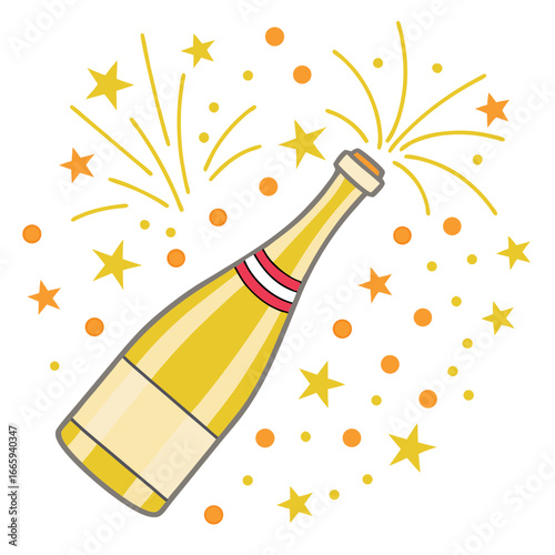 Champagne bottle popping with confetti and stars isolated on white background isolated on transparent background