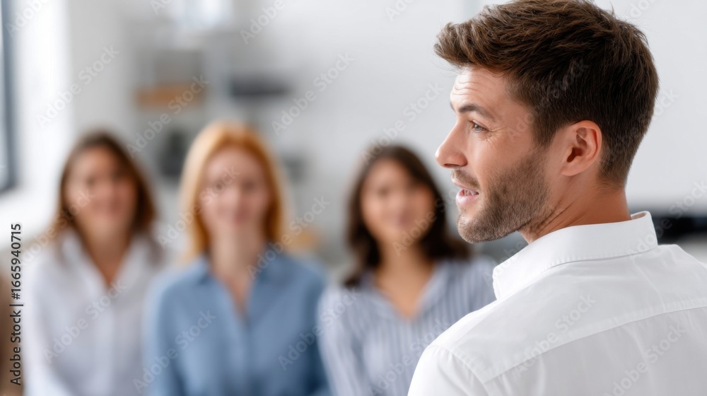 Close-up of a leader giving training to employees in an office environment Close-up of a leader giving training to employees in an office environment