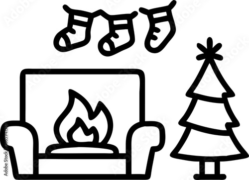 Cozy living room interior with fireplace and stockings isolated on white background isolated on transparent background