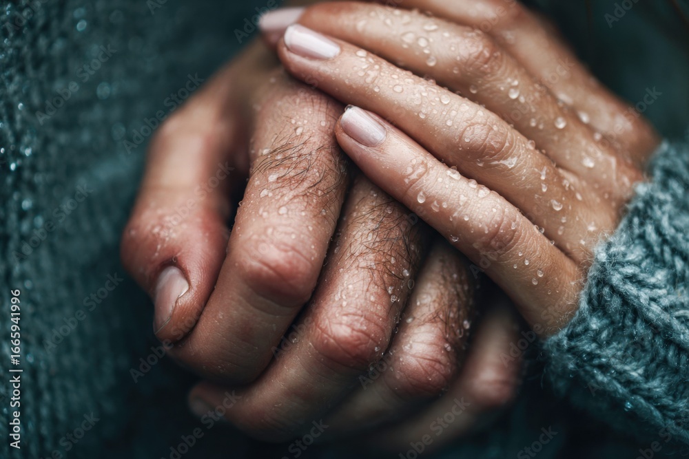 Fototapeta premium Two hands, wet with raindrops, are clasped together, creating a sense of closeness and affection.