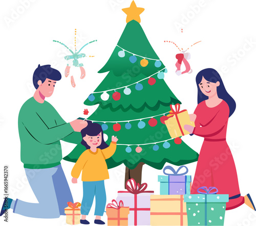 Happy family opening christmas presents under a decorated tree isolated on white background isolated on transparent background