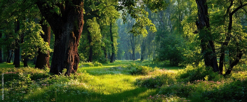 Fototapeta premium Lush forest pathway bathed in sunlight