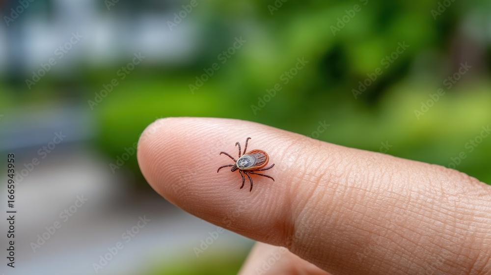 Obraz premium Dangerous parasite on human arm, Lyme disease tick, blurry background. 