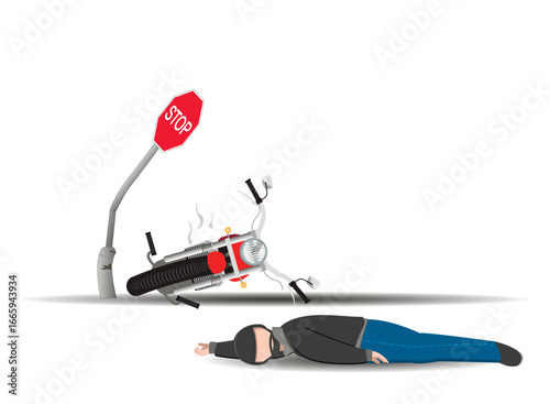 Accident. traffic accident involving a motorcyclist. The motorcycle crashed into a stop sign. vector illustration.