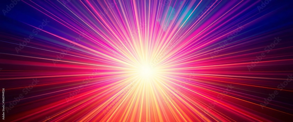 Fototapeta premium Dynamic sunburst, radiating light beams on vibrant background, sunshine, sky