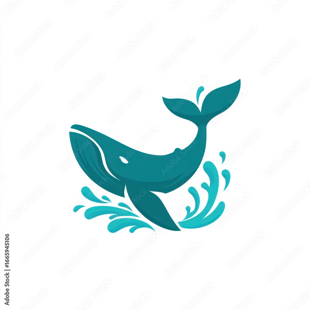 Fototapeta premium Teal whale leaping from waves, stylized with splash