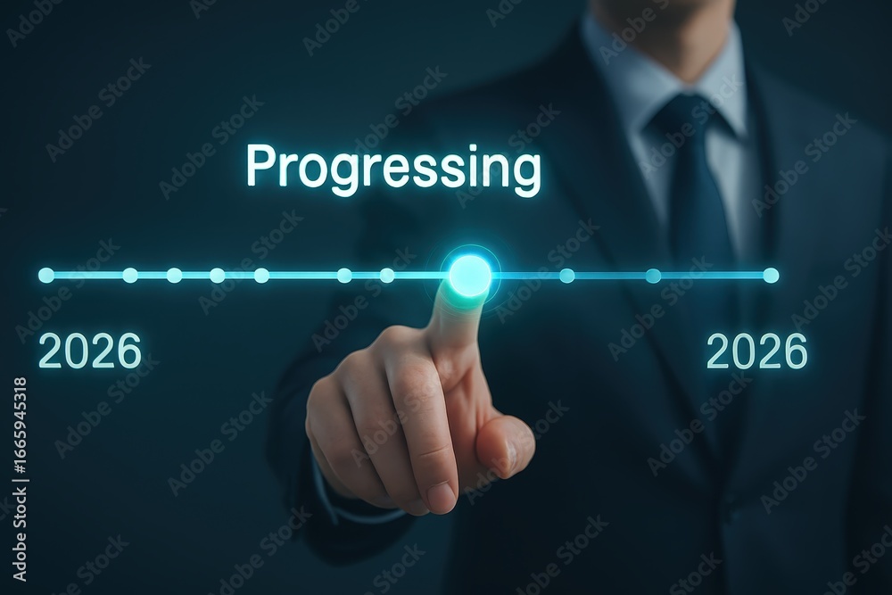 Fototapeta premium A hand interacts with a digital timeline highlighting progress towards 2026, showcasing a forward-looking approach.