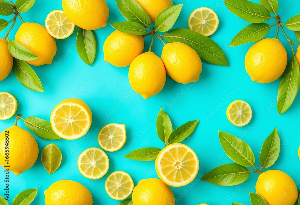 Vibrant yellow lemons on a bright blue background, tropical seamless pattern, bright, refreshing Vibrant yellow lemons on a bright blue background, tropical seamless pattern, bright, refreshing