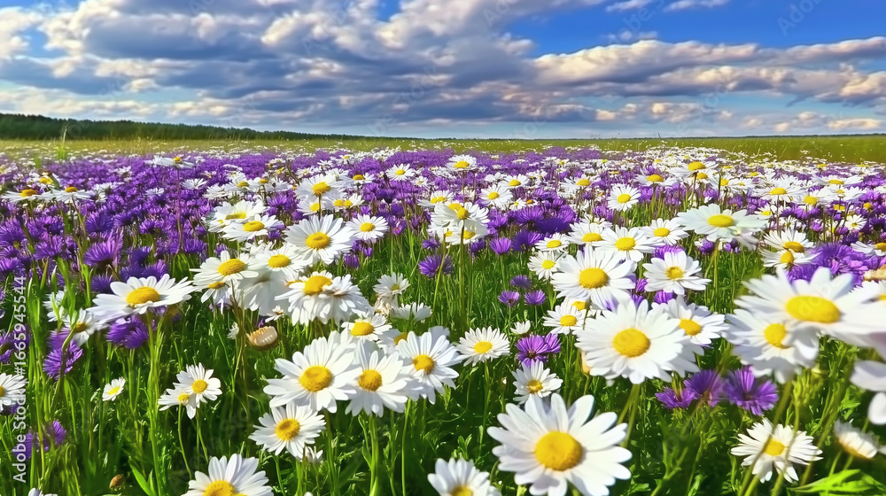 Fototapeta premium Colorful spring field of daisies and lavender under a bright blue sky—perfect for nature, floral, garden, meadow, and landscape backgrounds.