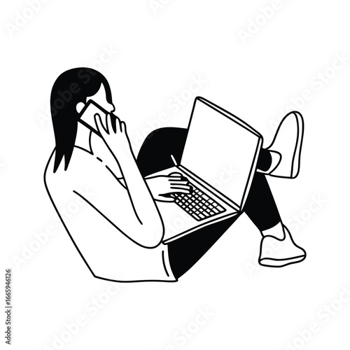 Woman Working on Laptop and Phone vector