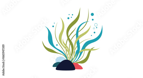 Underwater aquatic plant growth with bubbles and rocks