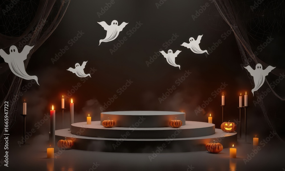 Fototapeta premium Halloween Stage With Ghosts Pumpkins And Candles On White Background podium