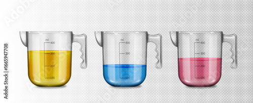 3d glass measuring cup set with yellow, blue and pink liquids and milliliter markings for kitchen portions. Transparent containers with handles and volume levels for cooking or baking ingredients