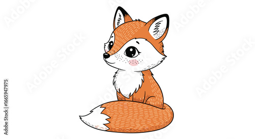 Adorable baby fox sitting and looking to the side with big cute eyes