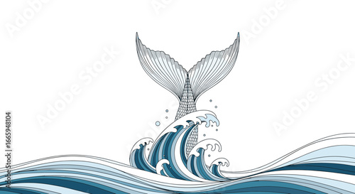 A majestic blue whale tail emerges from crashing ocean waves creating dynamic aquatic scenery