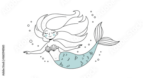 Whimsical hand drawn mermaid floating gracefully beneath the ocean surface amidst bubbles
