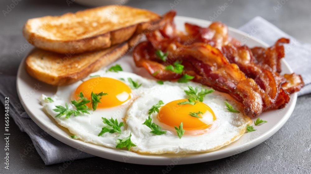 Healthy breakfast with crispy bacon and eggs, close-up shot. Healthy breakfast with crispy bacon and eggs, close-up shot.