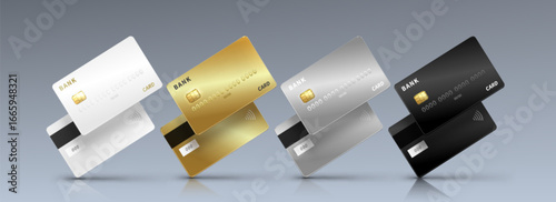 Bank credit card mockup with gold chip front and back sides in white, golden, silver and black finishes. Premium payment cards with magnetic stripe and contactless symbol for financial presentations.