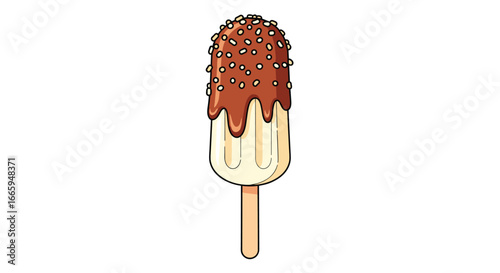 Creamy vanilla ice cream bar with a rich chocolate coating and crunchy nut topping on a wooden stick
