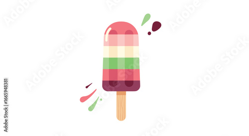 Colorful frozen fruit ice cream bar on a stick with splashes of liquid