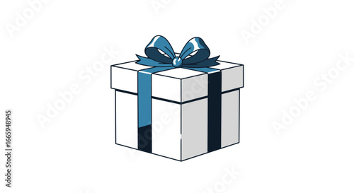 A beautifully wrapped gift box with a blue ribbon and bow on a white background