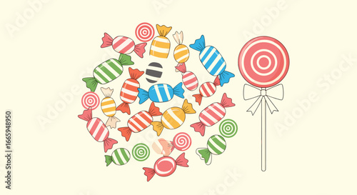 A whimsical collection of colorful wrapped candies and a classic lollipop dessert treat