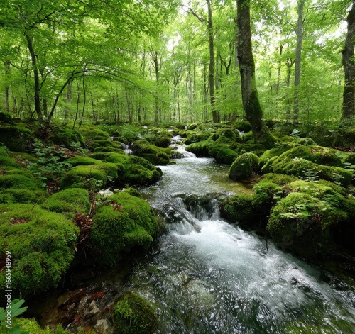 Lush forest stream cascading over mossy rocks