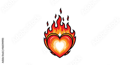 Passionate fiery heart emblem illustration with intense burning flames