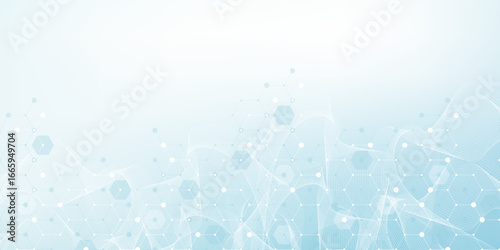 Modern health care or medical background design. Health care innovation concept. Horizontal header web banner. Abstract geometric background with hexagon shapes for medicine, science, chemistry.