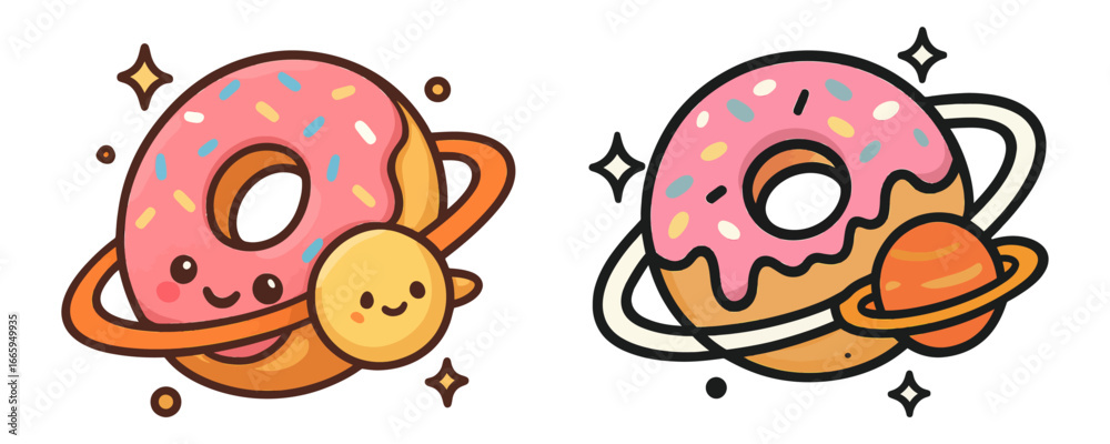 Fototapeta premium Two donuts with a planet in the middle. One is pink and the other is white. The pink one has a smiley face on it