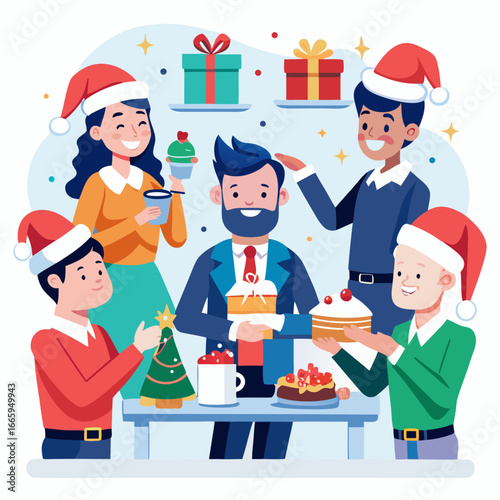 Happy employees celebrating christmas party wearing santa hats at the office isolated on white background isolated on transparent background