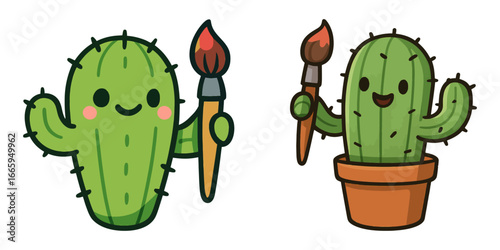Two cacti holding paintbrushes. One is smiling and the other is holding a pot