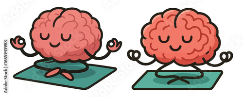Two cartoon brains are sitting on a mat, one is meditating and the other is not. The one meditating has a peaceful expression