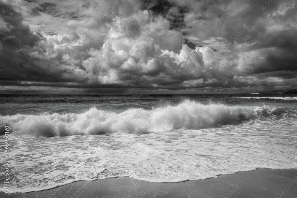 Fototapeta premium Black and White Seascape with Dramatic Clouds and Rolling Waves