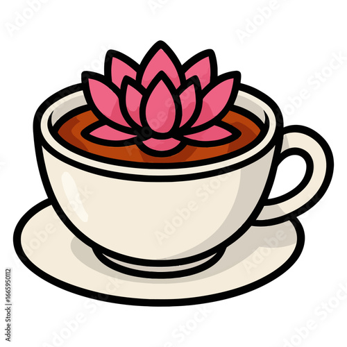 A cup with a pink flower in it. The flower is in the middle of the cup and the cup is white