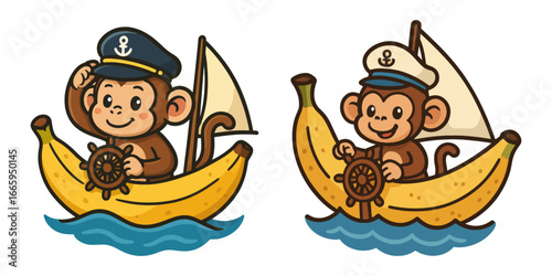 Two monkeys are on a banana boat. One monkey is the captain. The other monkey is the first mate