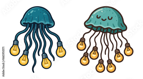 Two jellyfish with lights on them. One is blue and the other is yellow